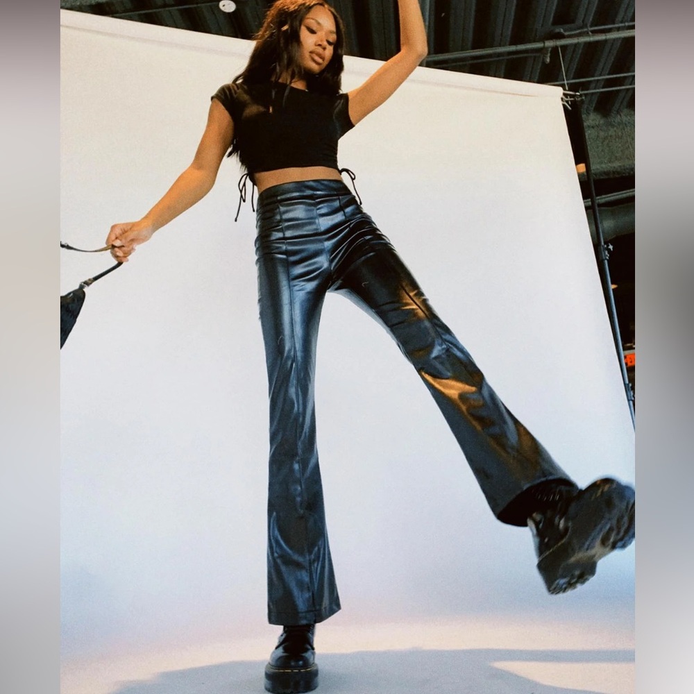Princess Polly Shiny Black Flare Leather Pleather Pleated Pants Bell Bottoms Y2K